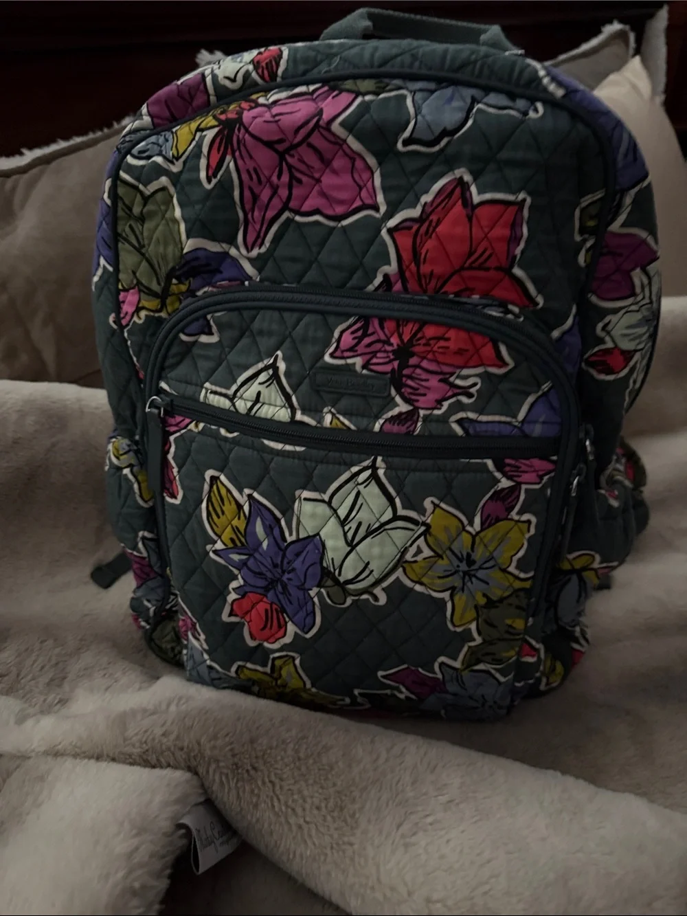 Vera Bradley Quilted Floral Backpack in Gray with Pink, Red, Purple Accents